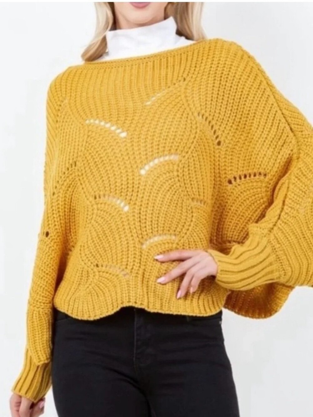Mustard Scallop Knit Sweater - Women